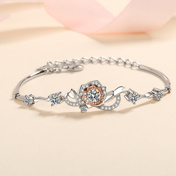Bracciale con rosa da donna, in argento S925, con moissanite intarsiata consegna immediata