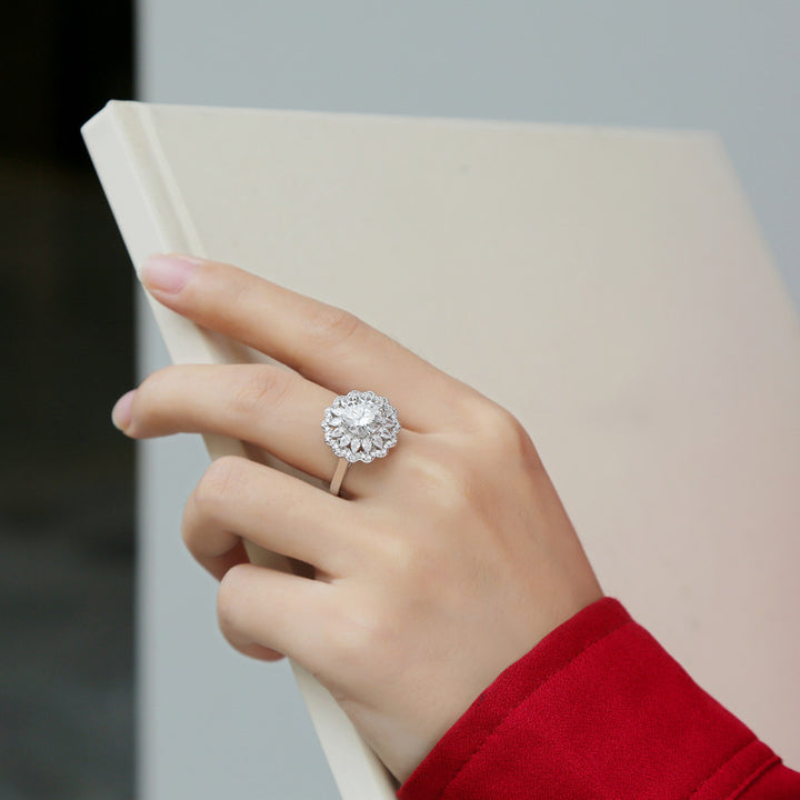 Anello in argento S925 con moissanite e fiori 2 CARATI CON CERTIFICATO, nuovo anello alla moda da donna, anello regolabile