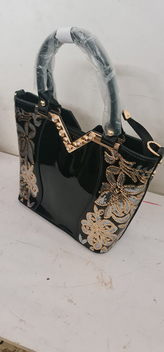 Matilde Lounge Beautiful!!! Shiny embroidered PU shoulder bag with golden flowers, black or red.