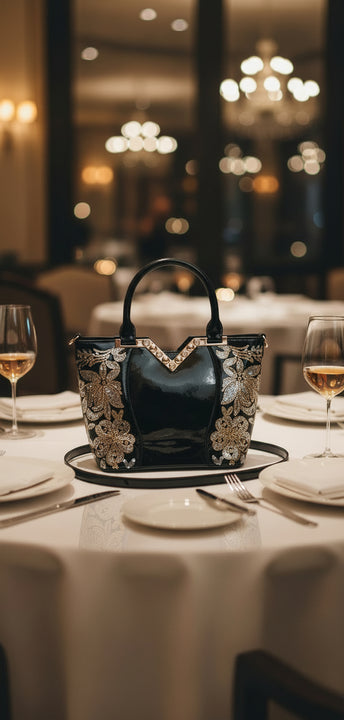 Matilde Lounge Beautiful!!! Shiny embroidered PU shoulder bag with golden flowers, black or red.