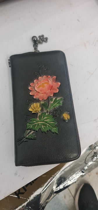 Exclusive women's wallet in Mahena collection leather FLOWERS MODEL BROWN OR BLACK