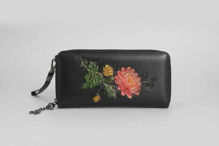 Exclusive women's wallet in Mahena collection leather FLOWERS MODEL BROWN OR BLACK