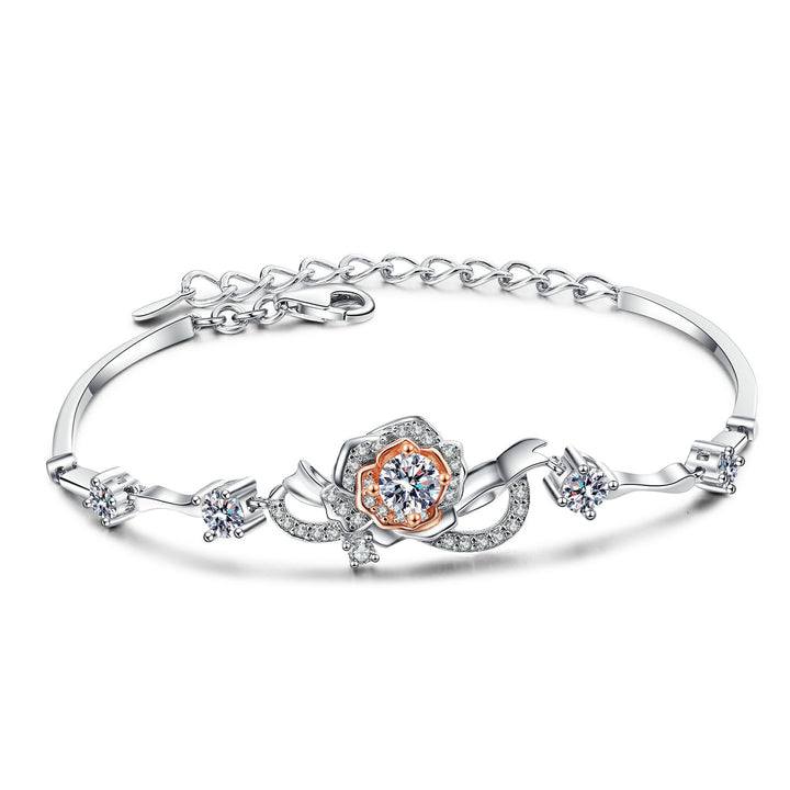 Bracciale con rosa da donna, in argento S925, con moissanite intarsiata consegna immediata