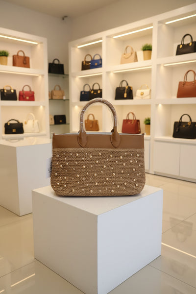 AMINA – Braided Raffia Handbag with Gold Studs With shoulder strap
