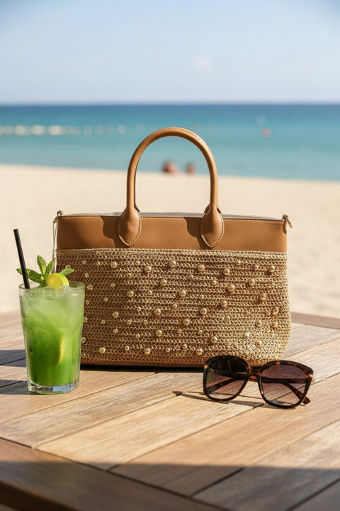 AMINA – Braided Raffia Handbag with Gold Studs With shoulder strap