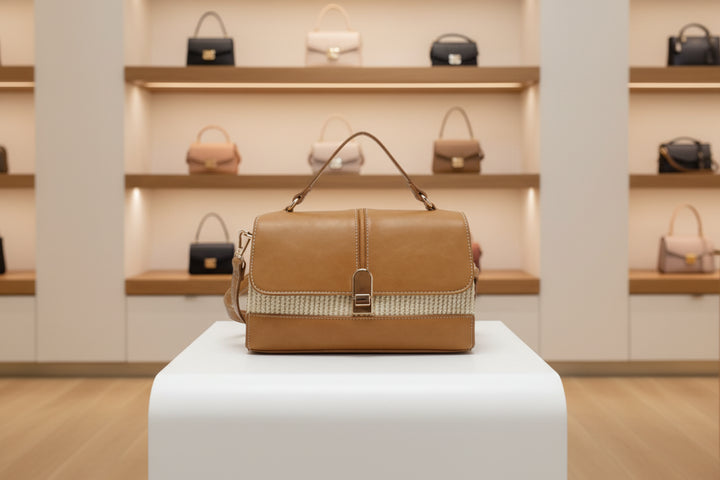 Two-material shoulder bag with snap closure HAPPY MODEL light brown