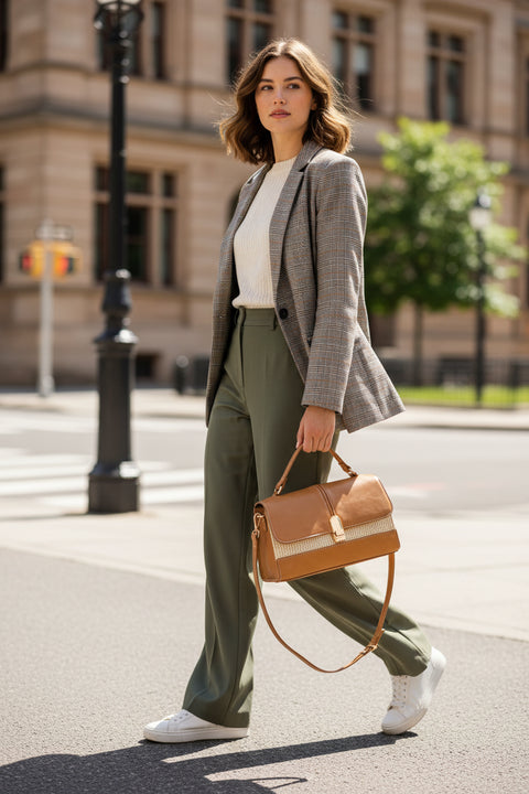 Two-material shoulder bag with snap closure HAPPY MODEL light brown