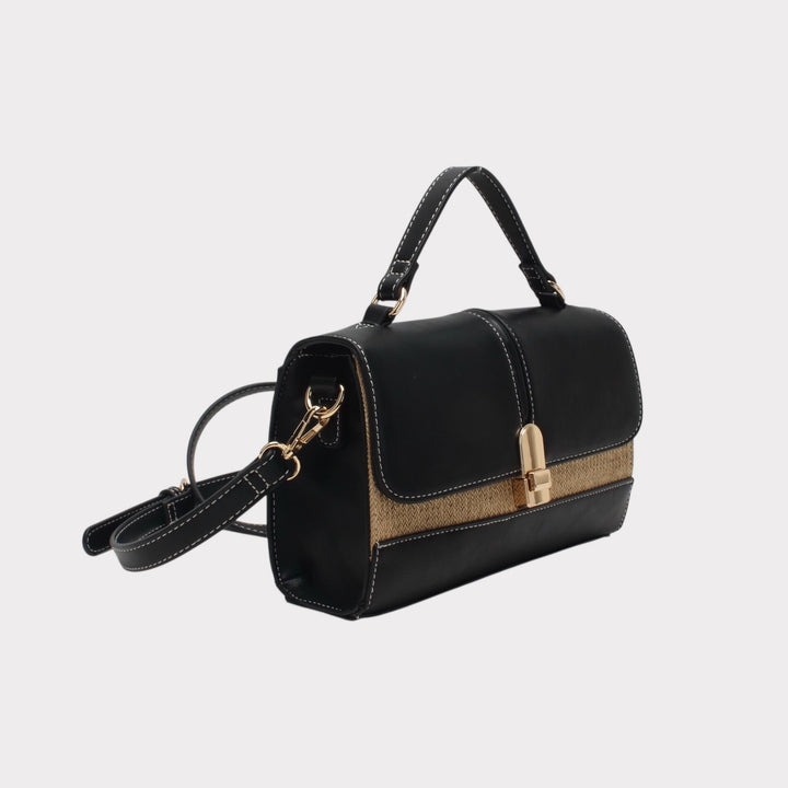 Bi-material shoulder bag with snap closure HAPPY BLACK MODEL