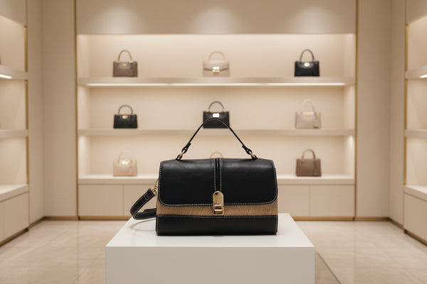 Bi-material shoulder bag with snap closure HAPPY BLACK MODEL