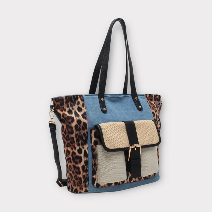 Shopper bag with handle, shoulder strap, front pocket, leopard print Hunter MODEL