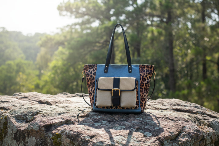 Shopper bag with handle, shoulder strap, front pocket, leopard print Hunter MODEL