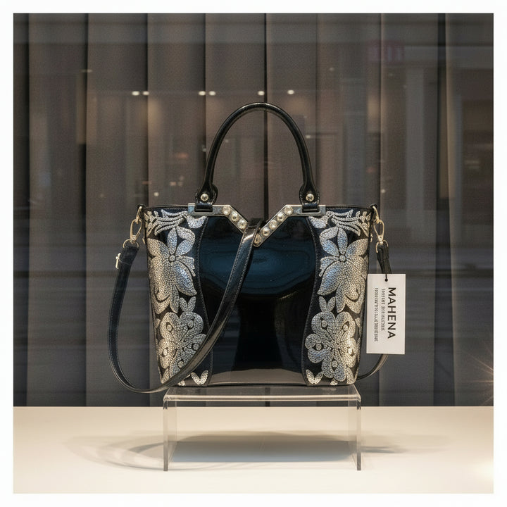 Sac bandoulière Matilde Lounge noir brodé en PU brillant