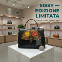 Retro Embossed Portable Diagonal Handbag with Hand Print, Limited Edition Leather Model SISSY NERO