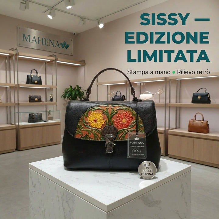 Retro Embossed Portable Diagonal Handbag with Hand Print, Limited Edition Leather Model SISSY NERO