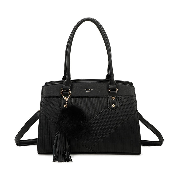 WOMEN'S BAG PAMY FRENCH DESIGN with Faux Fur Pom-pom BLACK OR BEIGE