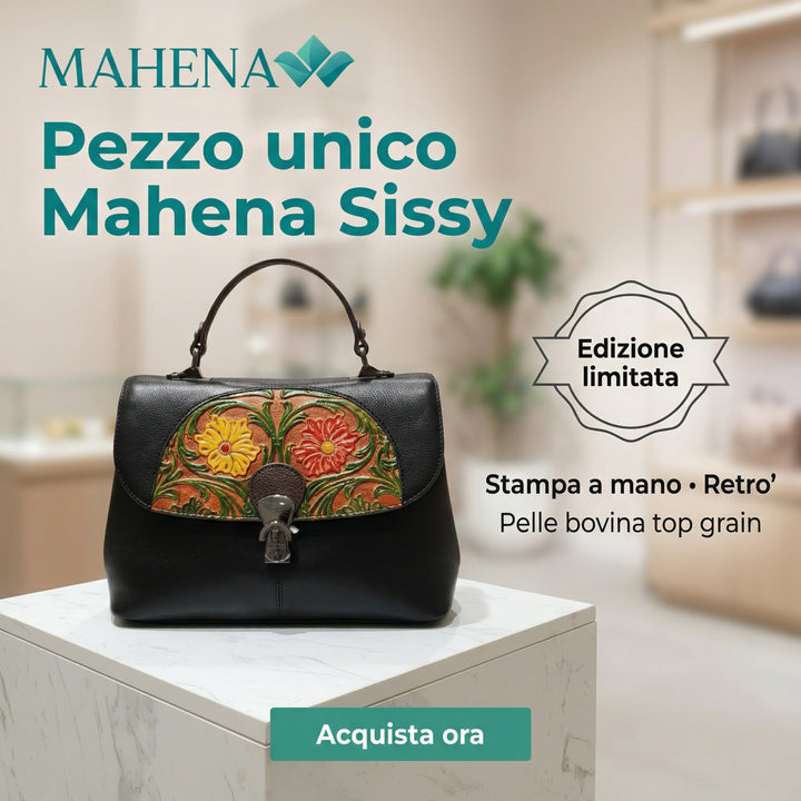 Retro Embossed Portable Diagonal Handbag with Hand Print, Limited Edition Leather Model SISSY NERO