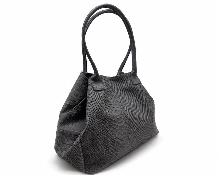 MAHENA "Venere" Dark Grey Python-Effect Tote Bag — 100% Genuine Leather