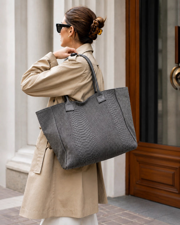 MAHENA "Venere" Dark Grey Python-Effect Tote Bag — 100% Genuine Leather
