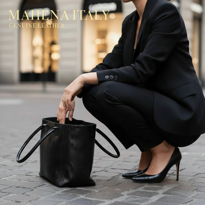 Tote Bag "Venere" MAHENA Effetto Pitone NERO – 100% Vera Pelle Made in Italy